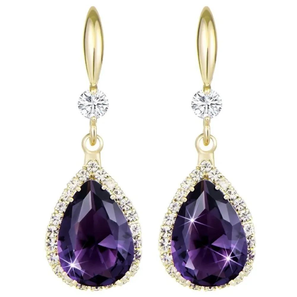 14K Yellow Gold and Purple Amethyst Cubic Zirconia Teardrop Hook Dangle Earrings